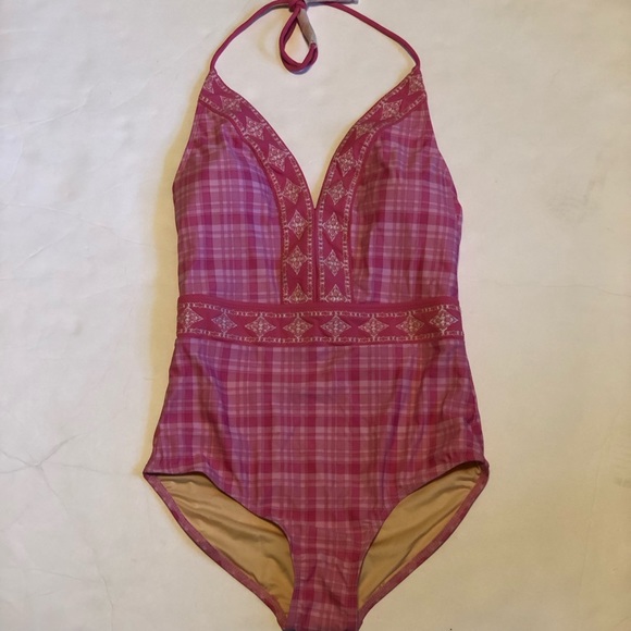 NWT Cabana Life x Talbots One Piece Halter Pink Sunrise Plaid Tassel Swimsuit S - Picture 4 of 11